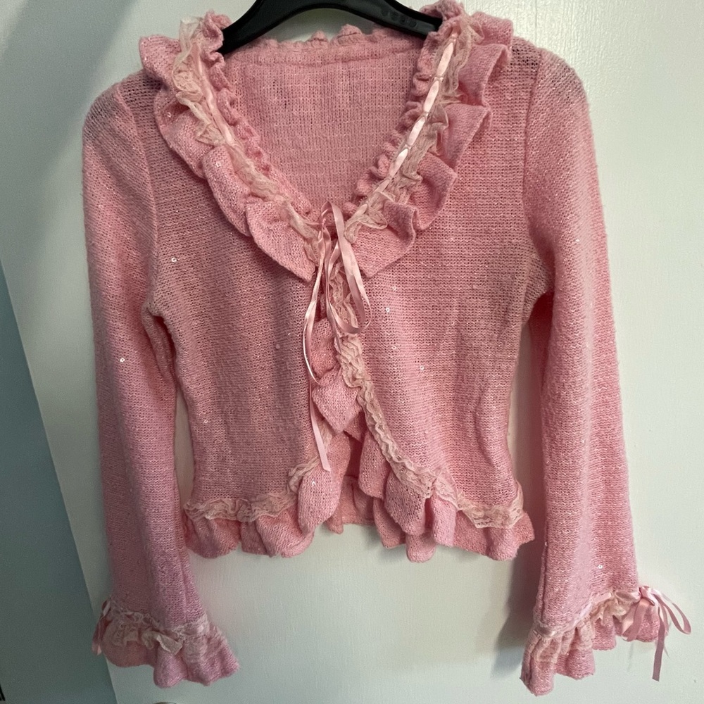 Vintage romantic princess cottagecore pink cardigan knit tie front lace top